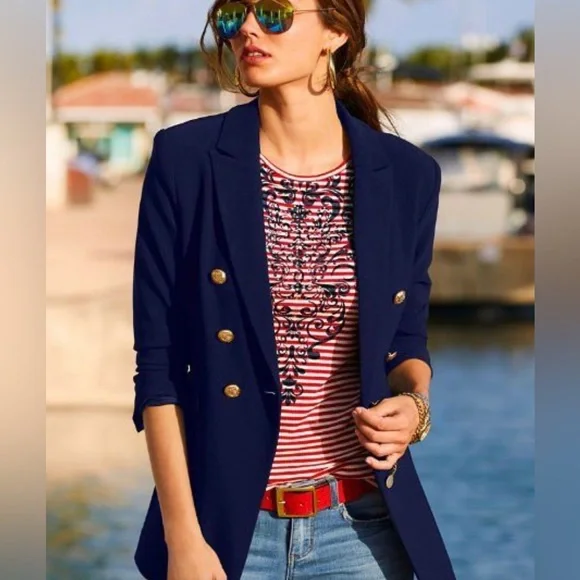 Boston Proper Blue Double Breasted Nautical Button Blazer Size 18 - Picture 1 of 11